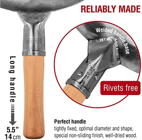 YOSUKATA 14” Round Bottom Carbon Steel Woks and Stir Fry Pans – Unseasoned Pow Wok for Stir Fry, BBQ & Camping – Hand-Hammered Traditional Japanese and Chinese Pan – Gas Stove, Open Fire Only - Thumbnail 5