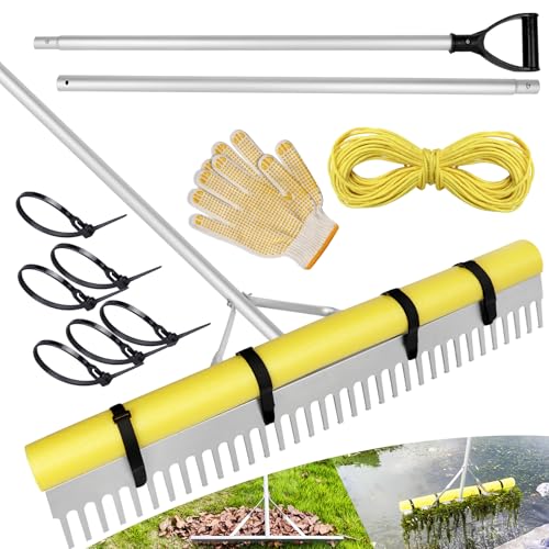 Pond Rake 36 Aquatic Lake Weed Rake with 8.5 (102) Adjustable Extension Pole Rope and Float 52 Throw Aluminum Landscape Harrow for Lake Lawns Gardens Beach