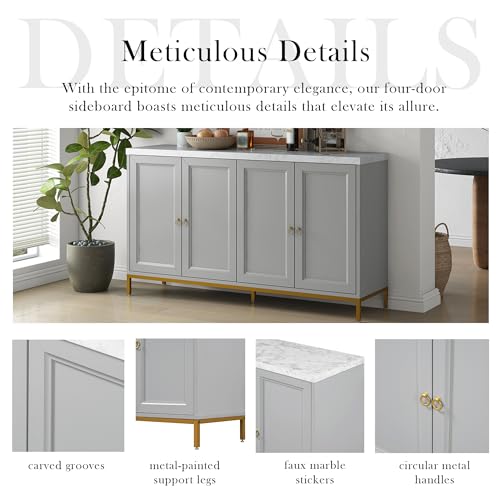 Llsmnba 59 Inch Console Cabinet Sideboard Buffet Cabinet, Modern Freestanding Credenza with Large Storage Space, Light Grey