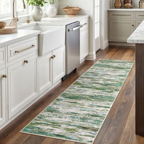2x6 Green Grey Multi Modern Abstract Runner Rug for Hallway, Super Soft Hallway Decor Kitchen Rugs with Non-Slip, Non-Shedding Washable Rug for Entryway Bedroom Laundry Indoor