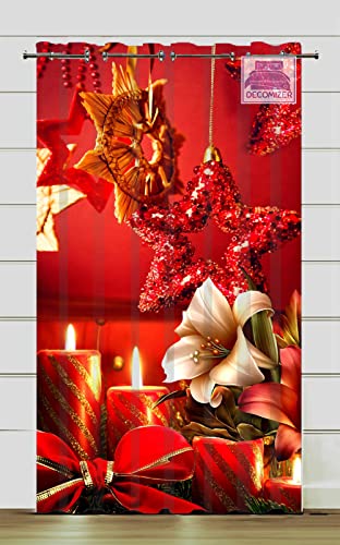 DECOMIZER Christmas Curtains for Living Room 1 Piece | 5Ft Red Stars Festive Themed Drapes | 3D Digital Printed Xmas Decoration Window Curtain for Kids Room | 4x5 Feet