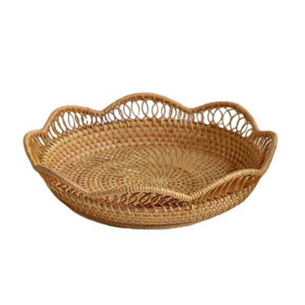 Wicker Woven Basket, Handmade Rattan Food Storage Bowl, Gift Hampers Retail Display Desktop Tray Basket For Snacks, Bread, Vegetables, Fruit, Bread (M 11in)