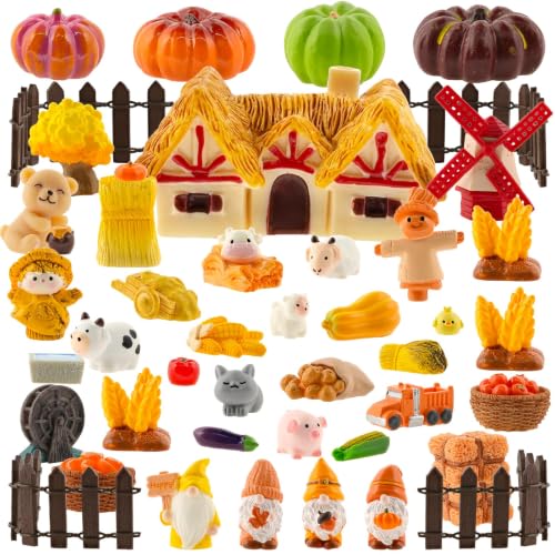 Exasinine 46PCS Mini Fall Figurines Thanksgiving Mini Resin Figurines Autumn Tiny Resin Farm Miniature for DIY Crafts Fairy Garden Thanksgiving Decorations