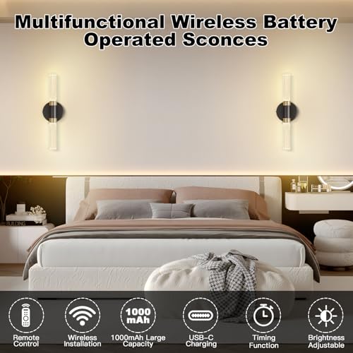 Image of 16 Inch Black Gold Crystal 10000mAh Battery Wall Sconce | 10000mAh detachable battery, remote dimmable timer memory, wire-free crystal decor light for bedroom living room