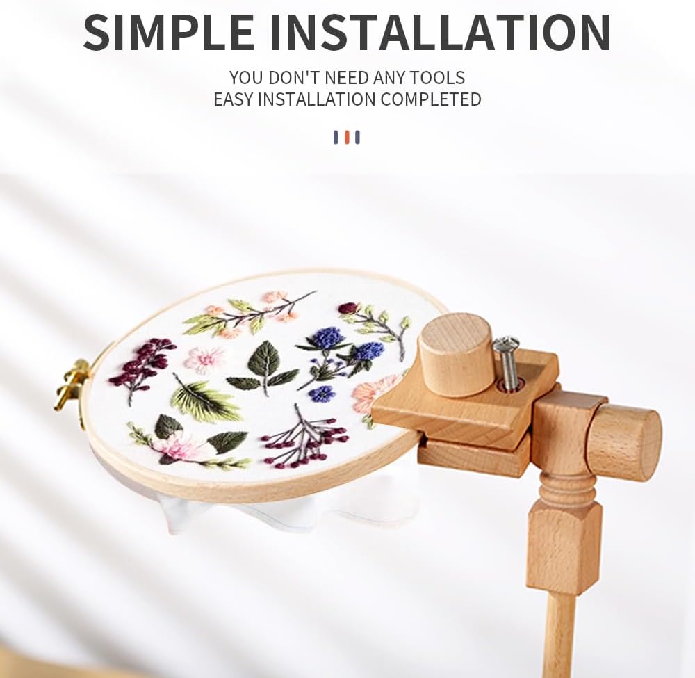 Sherbo Adjustable Embroidery Hoop Stand with 2PCS 6'' 7''Hoops, Rotated Beech Wood Cross Stitch Frame, Hands-Free Needlework Stand, Solid Hand-Polished Natural Wood Holder for Sewing Projects.