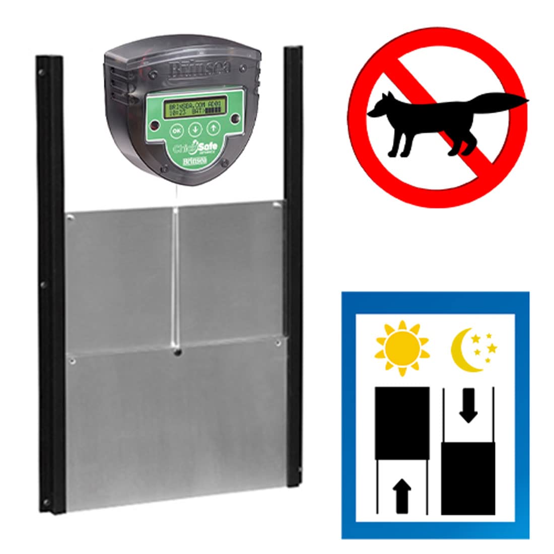 Kit Puerta automática de gallinero - Motor Brinsea Chicksafe Advance + Puerta de Aluminio - Programación por Reloj o por célula fotoeléctrica (Ref. BCSAP)
