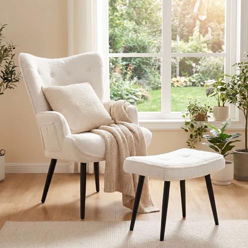 Clevich Ohrensessel - Gemütlicher Loungesessel mit Hocker Lesesesselaus Chenille Armchair für Wohnzimmer & Schlafzimmer - Bis 168kg (Weiß)