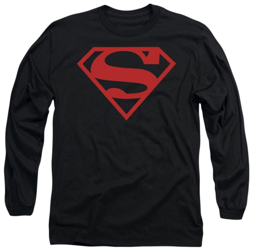 Superman Men's Red On Black Shield Long Sleeve Black