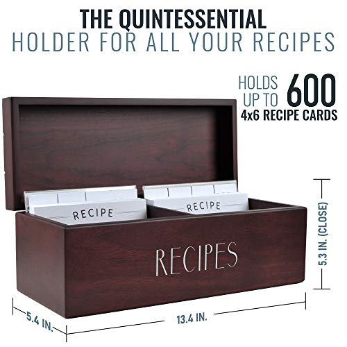 Apace Living Large Walnut Recipe Box with Cards and Dividers by Apace - Vintage Style Wood 4x6 Recipe Holder Card Box - Exclusively from the Premier Collection - XL Size Fits up to 600 Cards