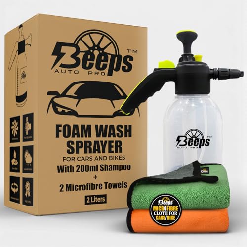 Beeps Auto Pro 2L Foam Sprayer for Car & Bike Washing with 2 Microfiber Towels 500 GSM, Manual Pump Car Shampoo Foamer, Thick Snow Foam Wash Sprayer, High Absorbency Car Cleaning Cloths