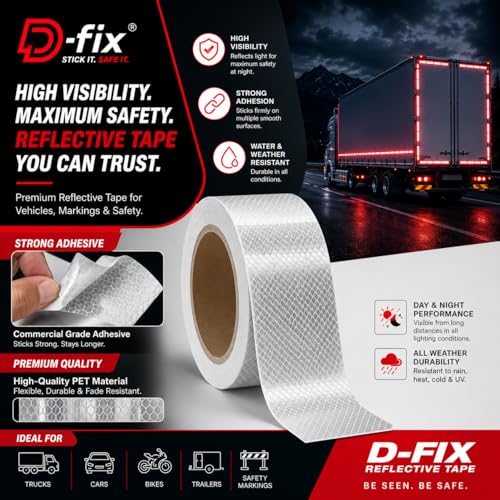 Image of D-fix High Intensity Radium Reflective Tape - 5 Meters in Length - 48mm / 2 inch Width - 1 Roll Per Pack - Car Bike and commercial vehicles Conspicuity reflective warning Tape Reflective tape White