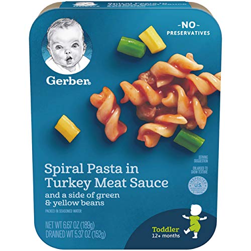 Gerber Spiral Pasta in Turkey Meat Sauce with a side of Green