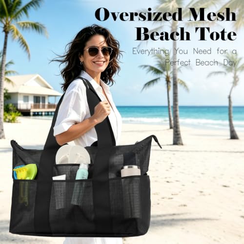 Image of Fammart Large Mesh Beach Bag for Women, Oversized Beach tote Swim Pool Bag