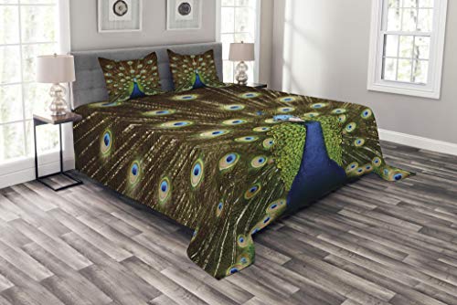 Ambesonne Peacock Bedspread, Portrait of Birds with Feathers Colors Out in the Summer Garden Season of Nature Style, Decorative Quilted 3 Piece Coverlet Set with 2 Pillow Shams, Queen Size, Navy Green