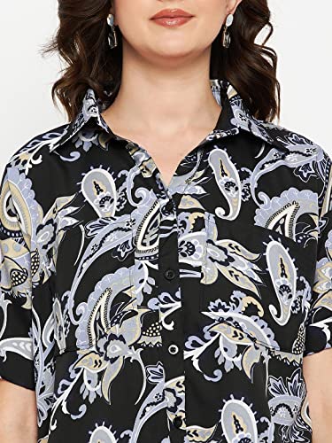 Image of Fashfun Women's Shirt (Floral Pink Crepe Top with Mandarin Collar & Full Sleeve)