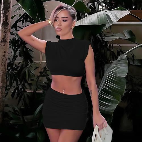 Skirt Sets Women 2 Piece Outfits - Sexy Two Pc Cap Sleeve Tank Crop Top Bodycon Ruched Mini Skirts2