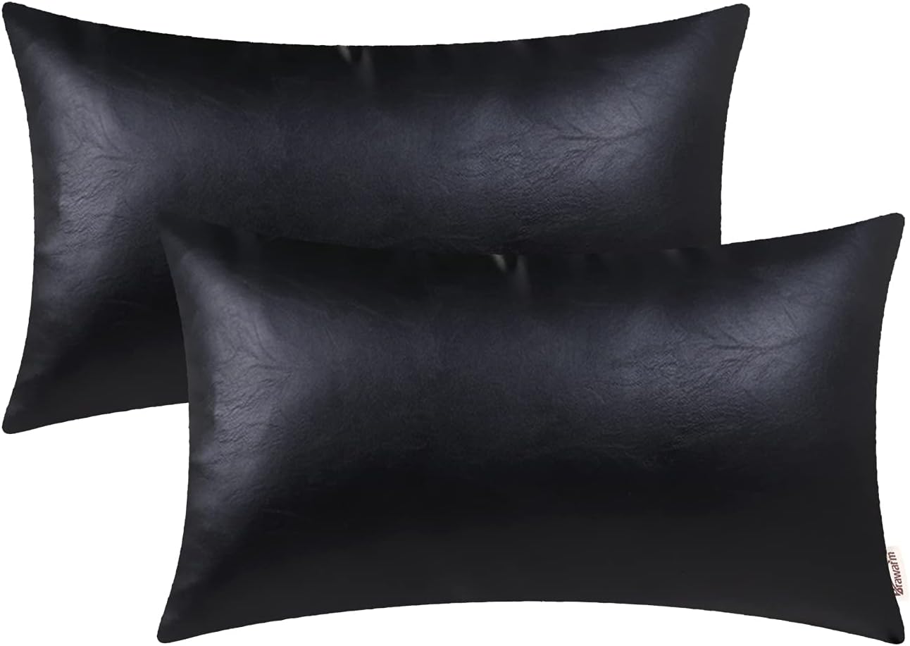 BRAWARM Decorative Throw Pillow Covers, Faux Leather Throw Pillow Cushion Covers, Solid Faux Leather Couch Cases for Living Room Garden Bed, Black, 30cm x 50cm, Pack of 2