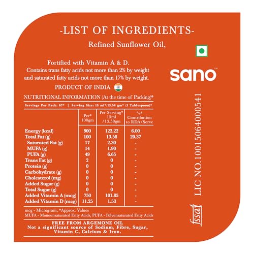 Image of Sano Sunflower Oil 1 Litre Pet Bottle - Pure, Nutrient-Rich sunflower Cooking Oil with High Smoke Point - Ideal for Frying, Sauteing, and Baking(Pack of 1)