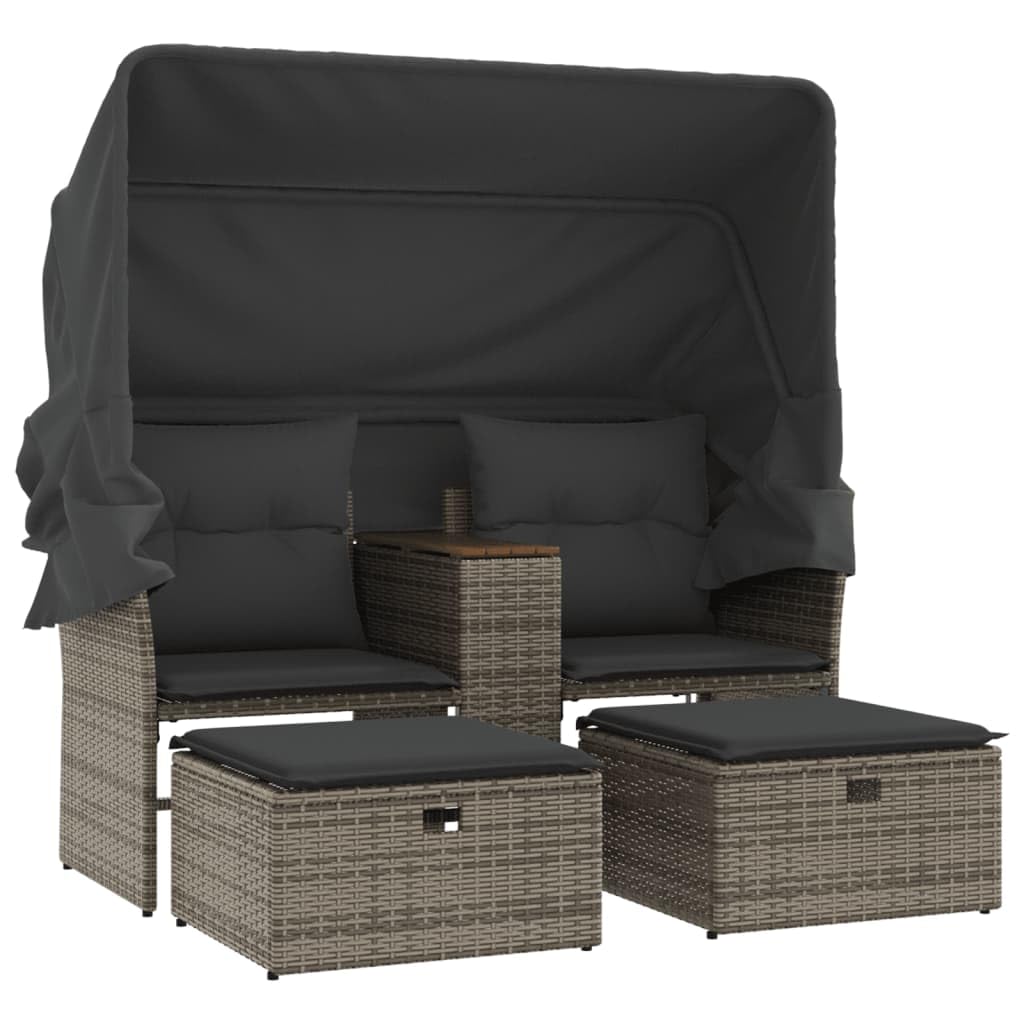 Divano da Giardino 2 Posti in Rattan con Tettuccio e 2 Poggiapiedi | Set modulare da esterno per terrazzo e giardino con tavolino integrato, cuscini sfoderabili e pouf salvaspazio.