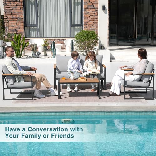 Image of Patio Furniture Set, 4 Pieces Outdoor Patio Furniture with Coffee Table Set, Metal Patio Conversation Sets with Washable and High-Resiliency Sponge Cushions, Upgarded Light Grey