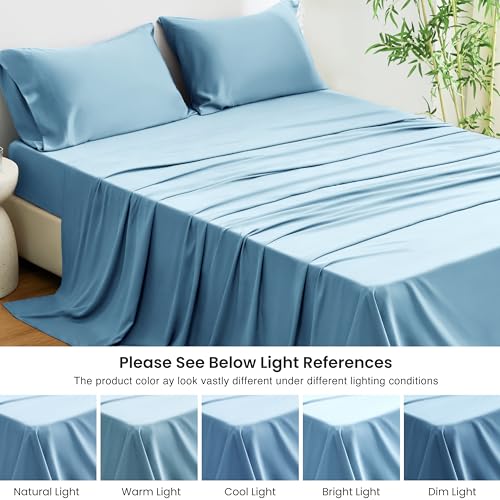 Image of Love's cabin 4 Piece King Size Sheet Set, 100% Rayon Derived from Bamboo, Cooling & Breathable, Soft Silky Deep Pocket up to 16 inch, Hotel Luxury Bedding for Hot Sleepers, Aqua