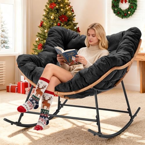 Youtanic Outdoor Rocking Chair, Oversized Papasan Reading Chair Indoor with Thick Cushion, Comfy Rattan Rocker Egg Chair for Patio, Garden, Balcony, Lawn, Backyard, Bedroom, up to 450lbs, Black