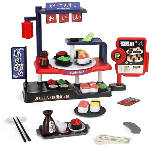 Interactive Kids Sushi Bar Playset with Rotating Conveyor Belt, Lights & Sounds, Cash Register, Pretend Japanese Restaurant Toy with Sushi Rolls, Chopsticks, Soy Sauce & Sake Set for Toddlers Ages 3+
