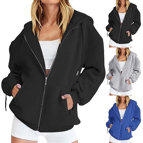 Sudaderas con Capucha Negra para Mujer,Chaqueta con Capucha De Color SóLido, Sudaderas Deportivo con Cremallera para Mujer, CáRdigan Casual Abierto con Bolsillos, Sudadera CláSica De Manga Larga