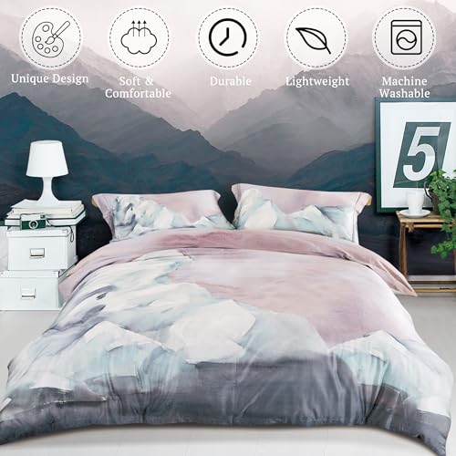 MILDLY 100% Long-Staple Cotton Duvet Cover Gray Pink Marble Pattern Comforter Cover Set 500TC Watercolor Abstract Reversible Soft & Breathable