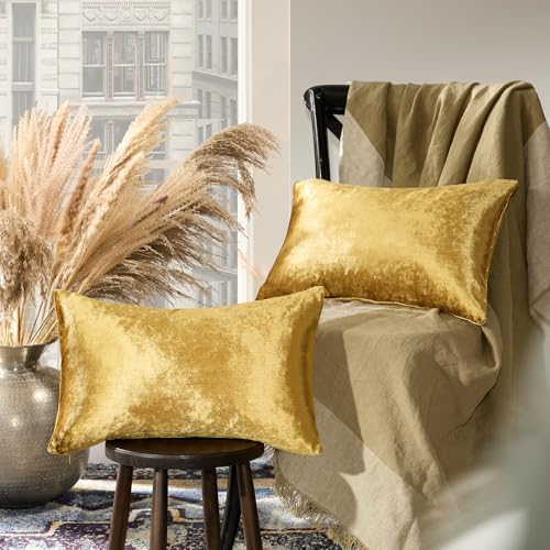 Image of GIGIZAZA Gold Velvet Decorative Throw Pillow Covers for Sofa Bed 2 Pack Soft Cushion Cover (Gold, 12 x 20- Set of 2)