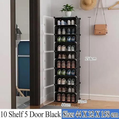 Image of Zemic DIY Portable Shoe Rack for Home Plastic Shelves Household, Shelf Shoe Rack with Dustproof Door for Heels /Slippers /Boots for Entryway or Bedroom (Black, 10-Shelf-5-Door)