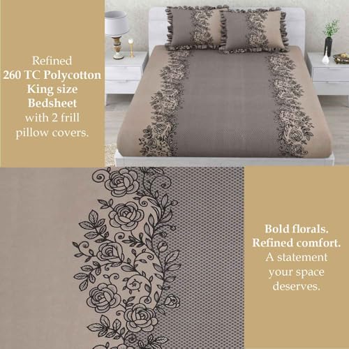 Image of Dream Weaverz- Polycotton Printed Double Bed Size Fitted Elastic Bedsheet,2 Pillow Cover,260 Thread (72 inch x 78 inchx7 inch) Home, Bedroom (Brown Beige, King)