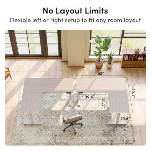 Image of FEZIBO 63 inch x 55 inchL Shaped Standing Desk Adjustable Height, Electric Stand up Corner Computer Desk, Sit Stand Home Office Desk with Splice Board, Light Walnut