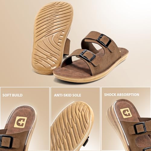 Image of Men Comfortable Double Strap Slippers with Cushioned Footbed, Adjustable Buckle Design, Lightweight Everyday Wear Slippers for Indoor Outdoor Use