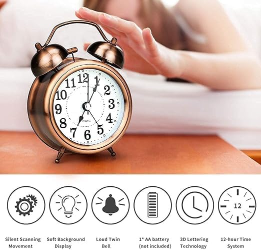 Ncry Vintage Twin Bell Analog Display Table Alarm Clock with Night Led Light Heavy Slippers Extra Loud Alarm Clock Ideal for Student and Kids Bedroom (Copper) - 9 Cm 2