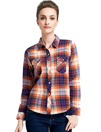 Camii Mia Women's Casual Button Down Plaid Long Sleeve Flannel Shirt (Medium, Orange(768-6))