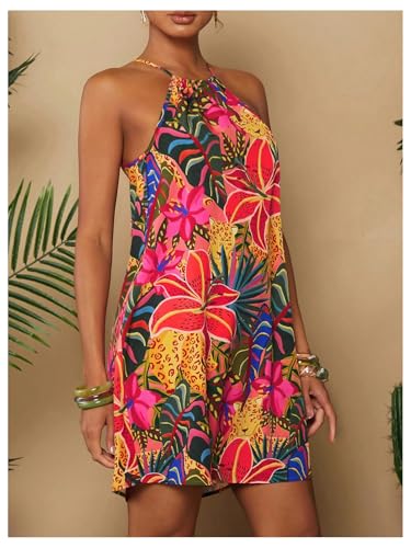 SweatyRocks Women's Tropical Print Halter Dresses Sleeveless Holiday Summer Mini Dress3