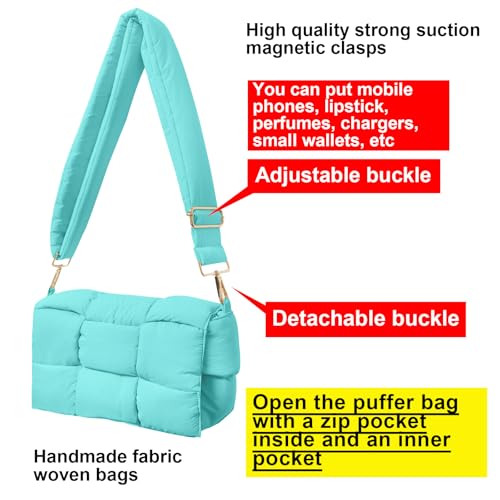Image of Shoulder Bag Lightweight Puffer Tote Crossbody Bag Handwoven for Women | waterproof nylon, durable, soft padded texture, versatile for travel, work, weekend, everyday, adjustable strap