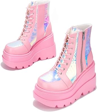 BORAMAX Women Platform Chunky Ankle Boots Punk Mid Calf For Women Zip Wedges High Heels Rave Buckle Thick Sole Goth Booties