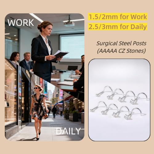 316L Surgical Steel 20g Nose Studs Hypoallergenic - Diamond-Like Sparkle Cubic Zirconia Corkscrew Nose Rings 8Pcs4