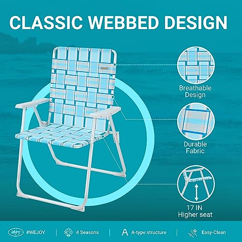 #WEJOY Anti-tip Over Folding Webbed Lawn Chair, Oversized 17-in High Beach Chair for Adults Heavy Duty,Aluminum High Seat Camping Chair for Elder Outdoor Garden Park Backyard(Grey/Blue) - Thumbnail 6