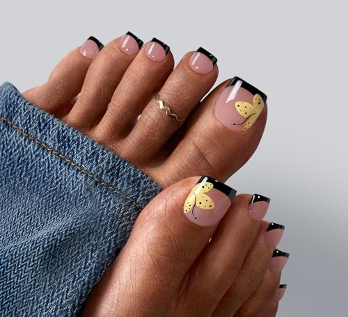 BTArtbox Press On Toenails Short - Weekend Ready Pedi Easy-to-Apply Black French Tip Square Toe Nail Press Ons with Glue and Adhesive Tabs in 15 Sizes - 30 Toenails All-in-One Kit