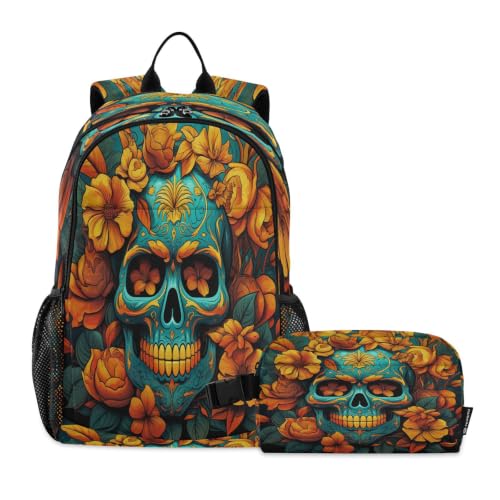 Ensemble sac d'école artistique floral crâne et sac à déjeuner aux finitions soignées