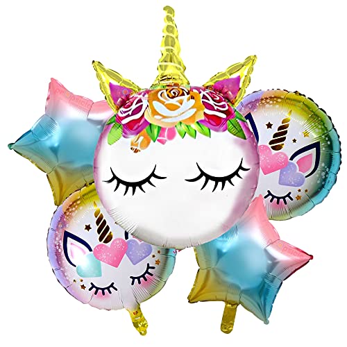 Image of Propsicle Birthday Foil Pink Unicorn Head Balloon Rainbow Color Pack of 5 Balloons Decoration Set for Baby Birthday | Theme Party Supplies Item