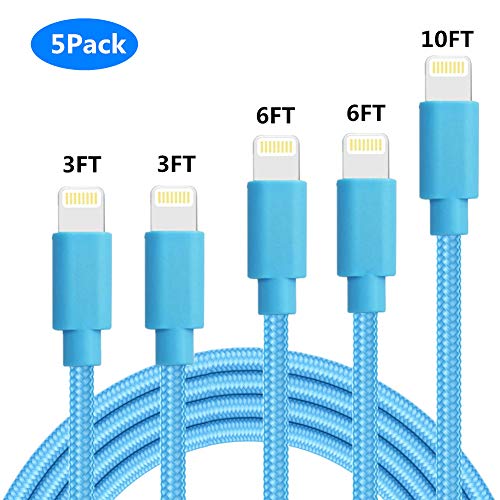 SHARLLEN iPhone Charger Cable MFi Certified Lightning Cable 5 Pack[3/3/6/6/10ft]Long Nylon Braided USB iPhone Data Cable Fast Charging Cord Compatible IPhone XS/XR/MAX/X/8/8Plus/7/iPad and More (Blue)