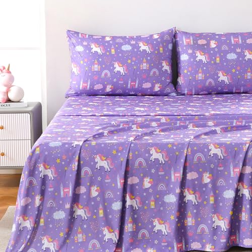 MICORAL Queen Sheets Set Kids Purple Unicorn Sheets for Boys Girls & Teens 4 Piece Soft Printed Microfiber Bed Sheets Deep Pocket Cozy Cute Toddler Bedding Set
