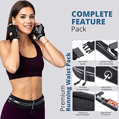 fozme Running Belt Waist Pack with Adjustable Strap and 2 Independent Large Pockets - Water Resistant, Lightweight and Perfect for Workout (Black)