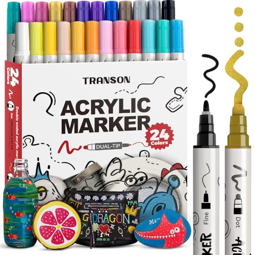 Image of TRANSON 24 Color Bold and Fine Dual-tip Acrylic Paint Pen Set for Canvas Rock Wood Leather Ceramic DIY Painting