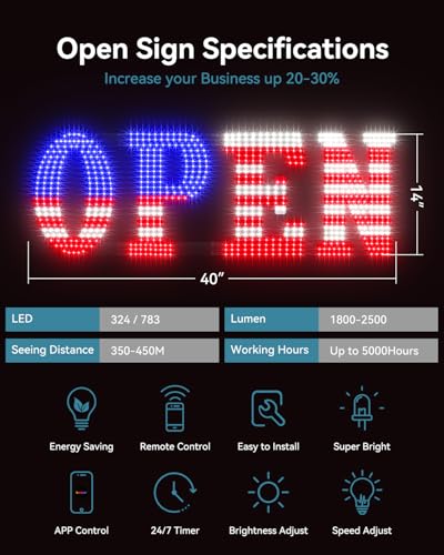 Image of Open Sign for Business, 40 inchx14 inch Jumbo Open Sign with Timer and Remote Control, Dynamic Light Modes Led Signs for Storefront Window Bar Salon Cafes Retail Shops US Flag