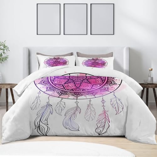 Single Duvet Cover Set, Dream Catcher,Feather Pattern, Reversible Duvet Cover Sets Single, Quilt Covers with Zip Fastening, Non-Iron Easycare Bedding Set, Soft Microfibre, White, Purple